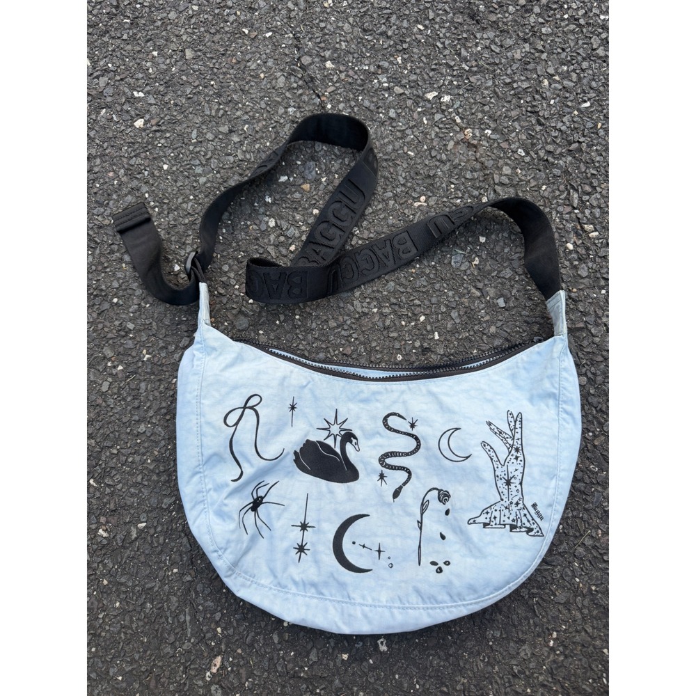Baggu Medium Nylon Crescent Bag Light Blue Celestial Tattoo Print Crossbody